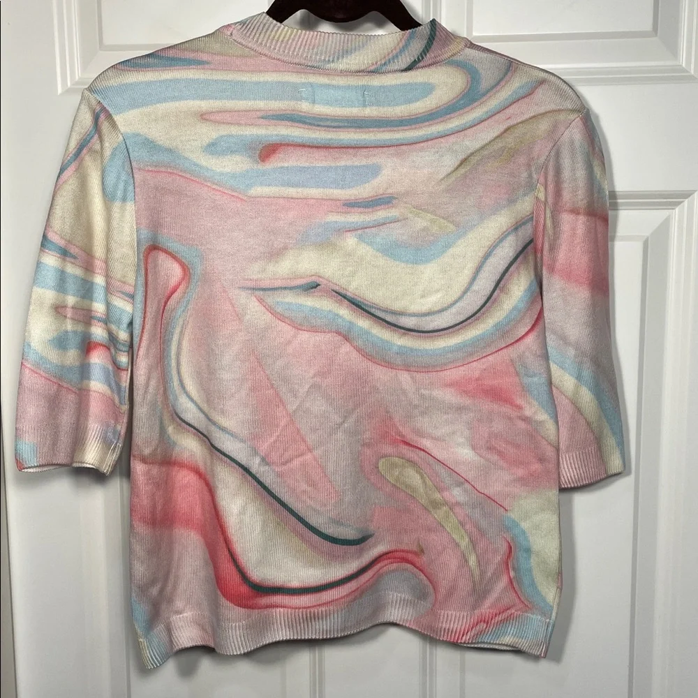 Anthropologie Short Sleeve Sweater Small Multicolor Swirl Marble Print Crewneck - Picture 9 of 16